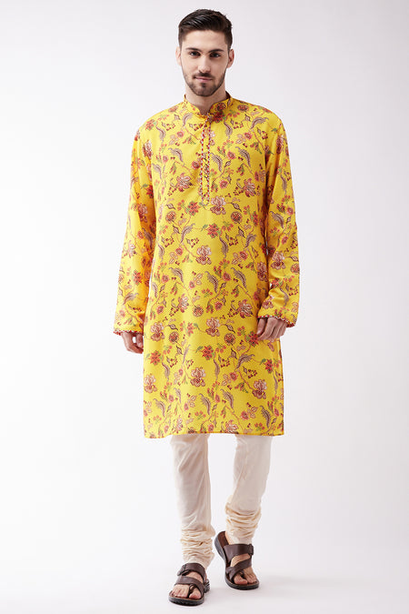 Vastramay Multicolor-Base-Mustard And Cream Baap Beta Kurta Set